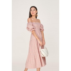 Gingham Shirred Sleeve Dress