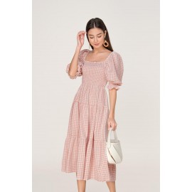 Gingham Shirred Sleeve Dress