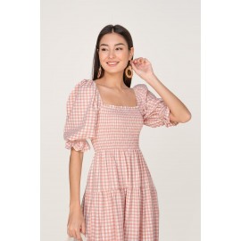 Gingham Shirred Sleeve Dress