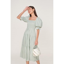 Gingham Shirred Sleeve Dress