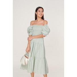 Gingham Shirred Sleeve Dress