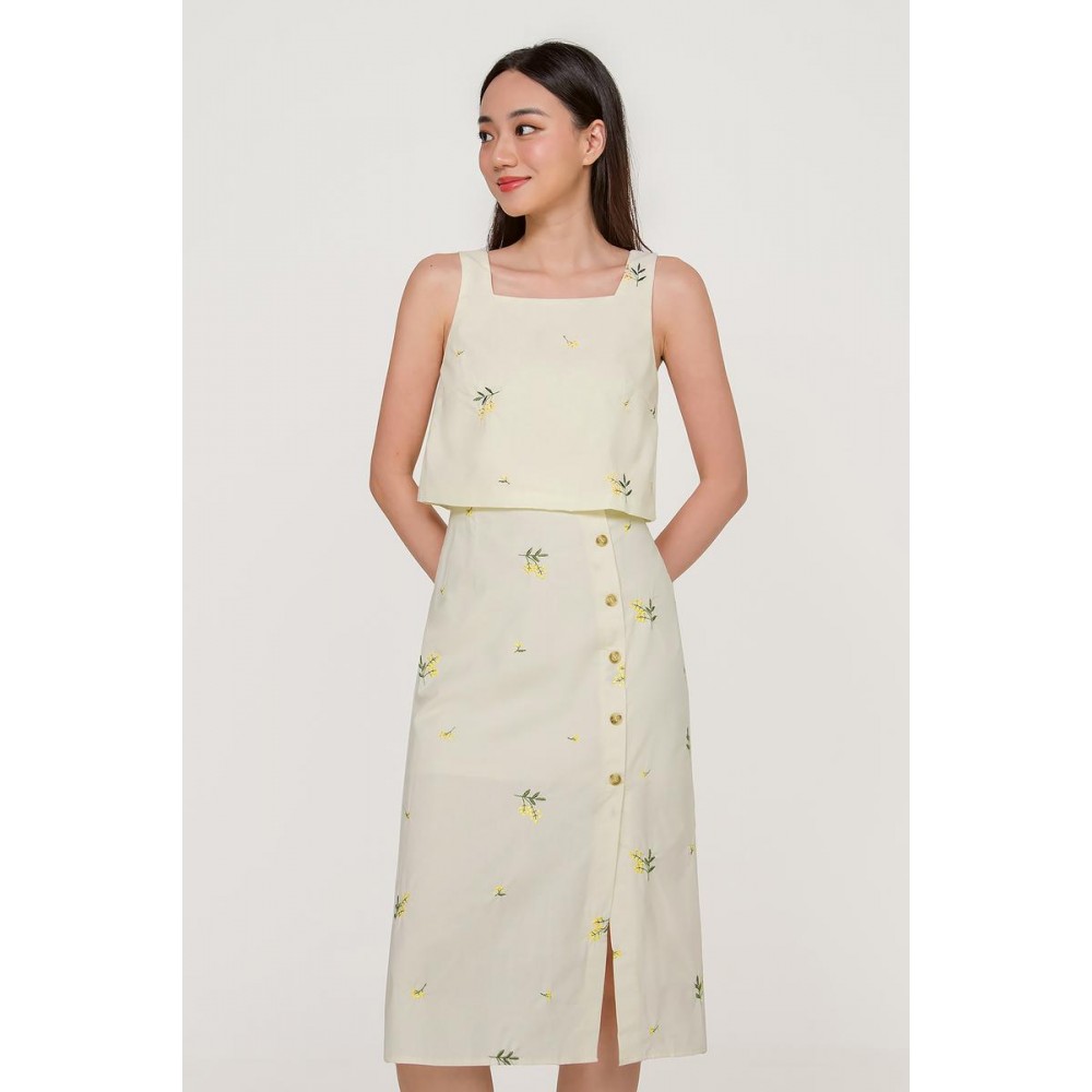 Embroidered Button Midi Skirt