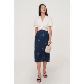 Embroidered Button Midi Skirt